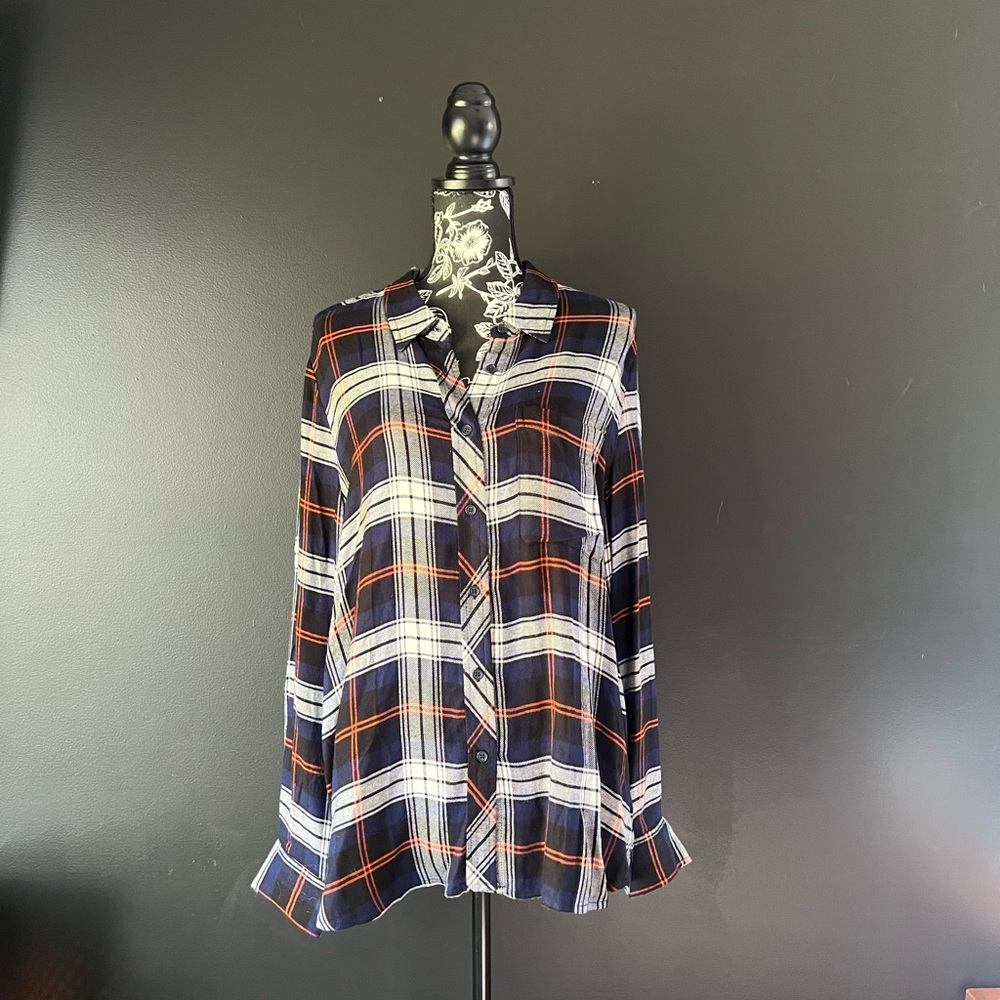 Black, blue and orange button down